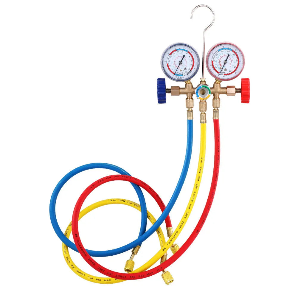 Refrigerant instrument cluster with brass manifold, hook, and red blue yellow 80cm hoses for A/C servicing
