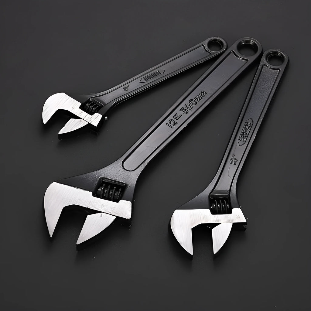 High carbon steel adjustable open-end wrench showing adjustable jaw mechanism and ergonomic handle.