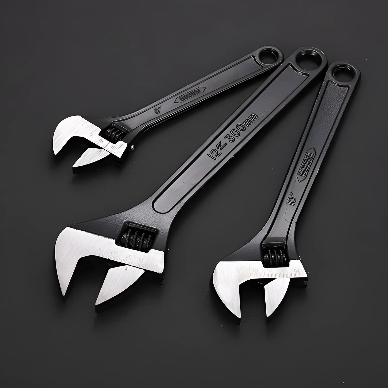 High carbon steel adjustable open-end wrench showing adjustable jaw mechanism and ergonomic handle.