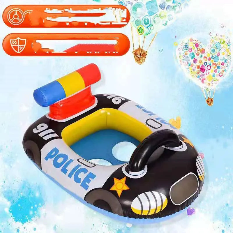 Black PVC inflatable police car children's swimming ring with anti-rollover cushion design on white background