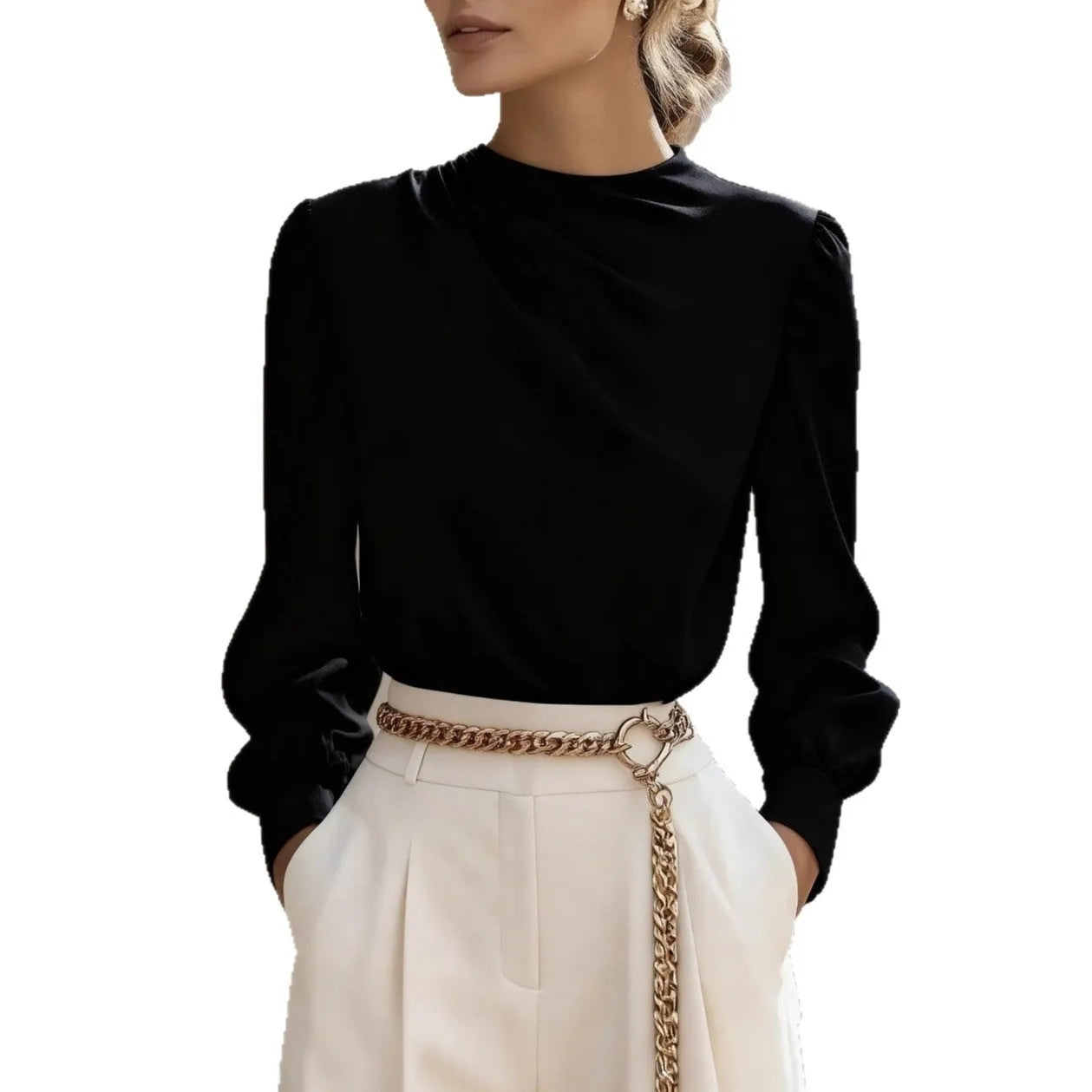 Women's solid colour pleated high-neck lantern sleeve blouse in polyester fabric, available in Black, Navy, Apricot, White