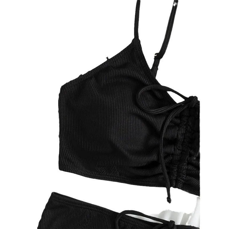 Black women's high waist sling split bikini swimsuit with sleeveless top and shorts