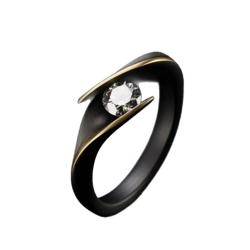 Minimalist retro diamond studded ring in gun black copper geometric shape unisex sizes No 6 to No 10