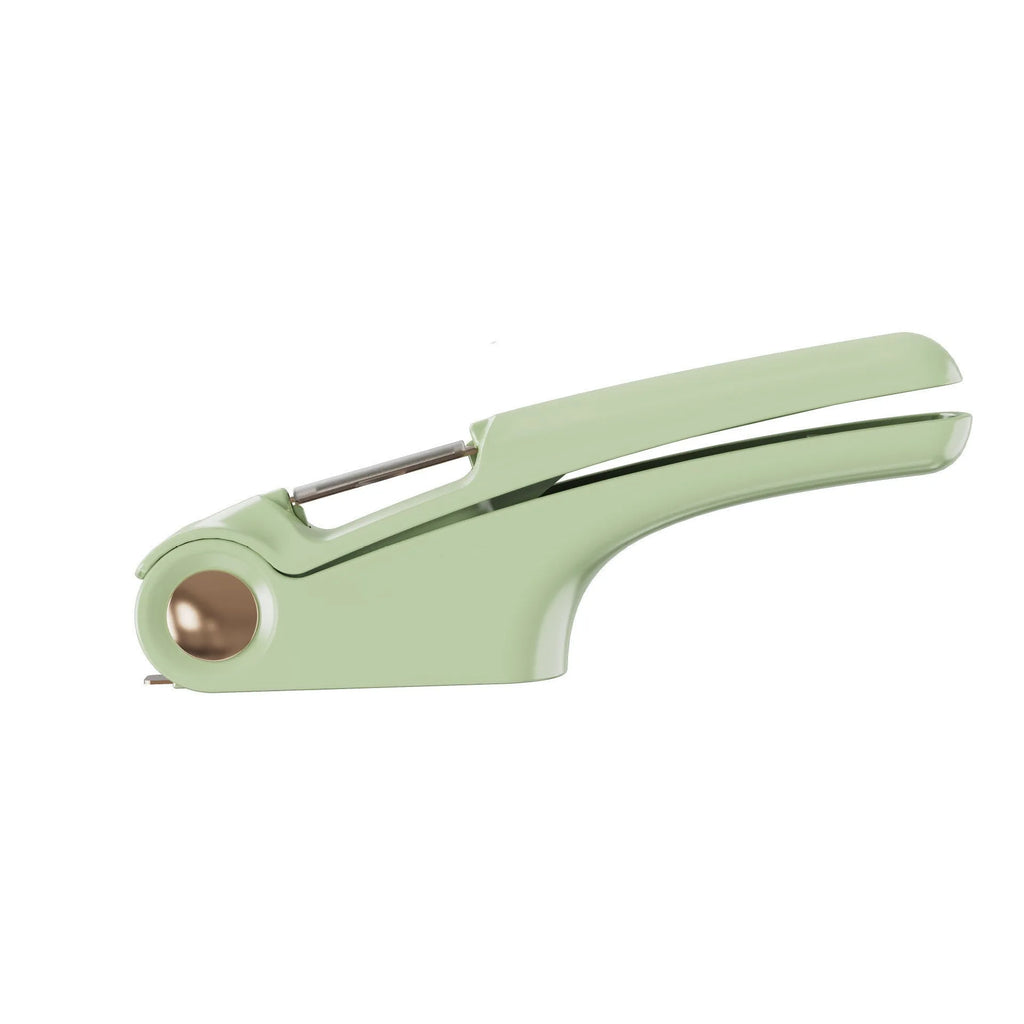 Manual garlic press kitchen gadget with ABS handle and stainless steel in white green orange colours