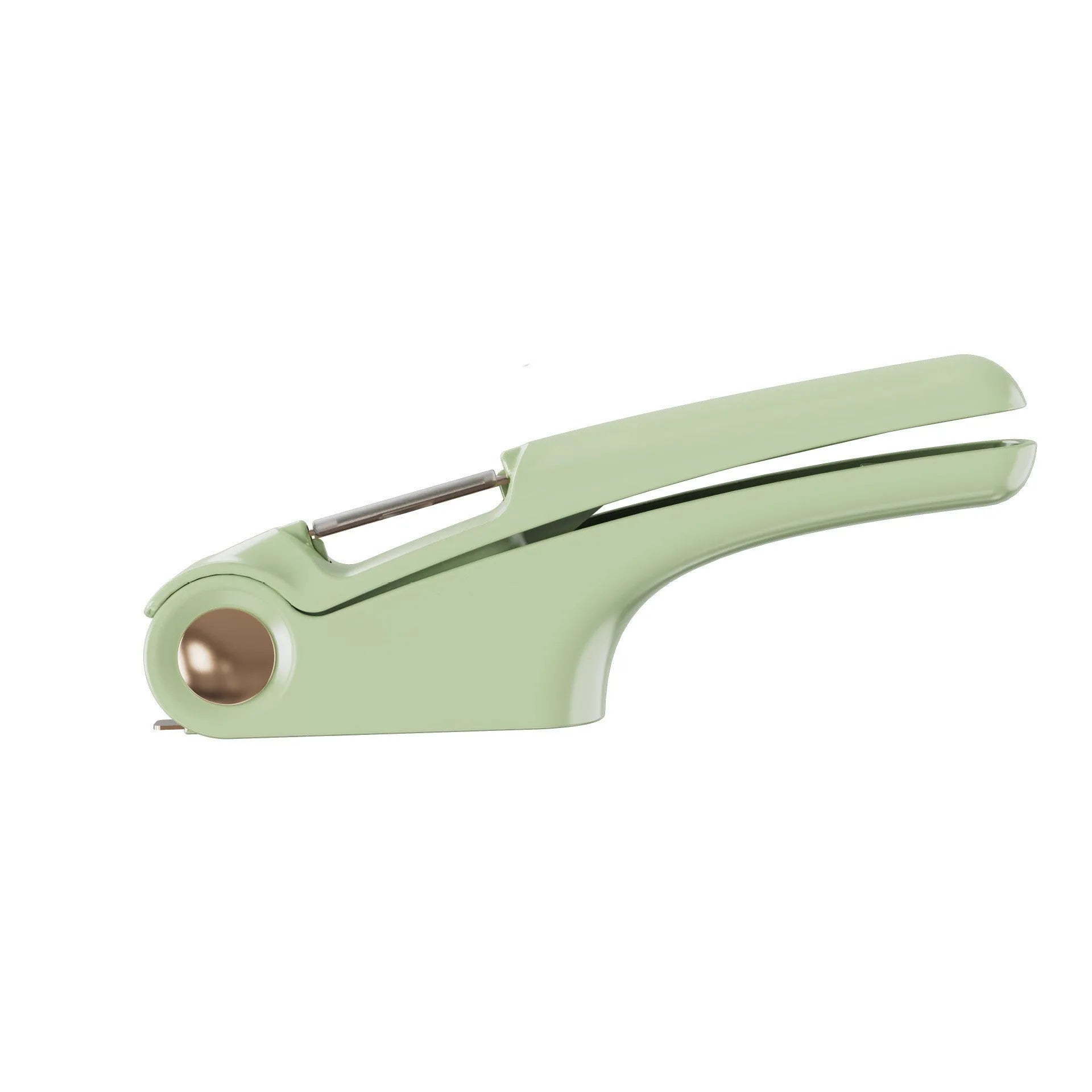 Manual garlic press kitchen gadget with ABS handle and stainless steel in white green orange colours