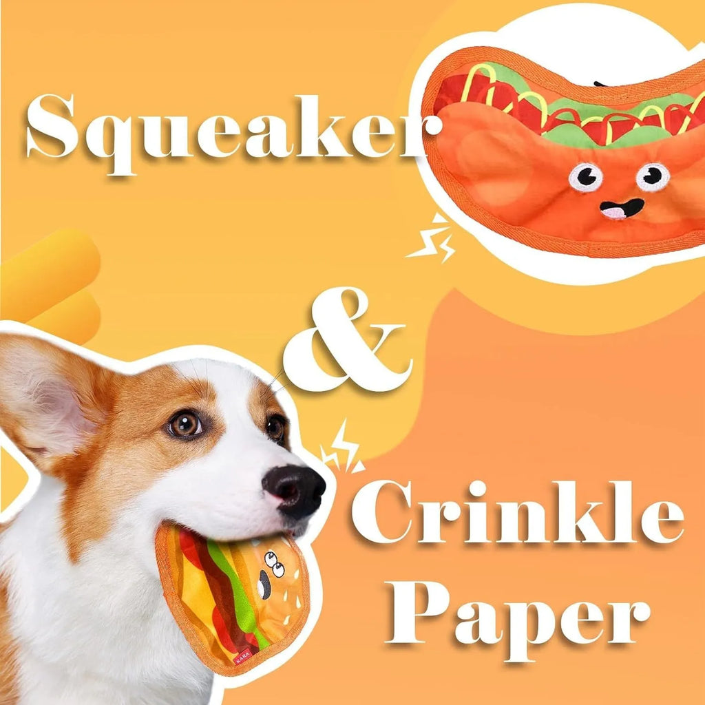 Food-shaped dog chew toys with crinkle and squeaker features including burger, fries, hot dog and pizza designs