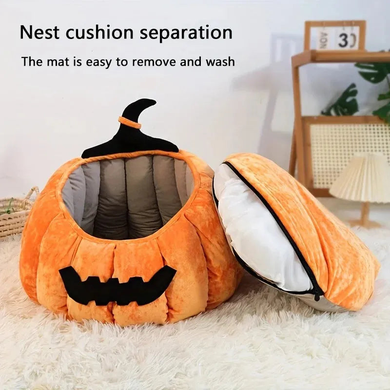 Halloween themed pumpkin cartoon devil design soft plush cat bed for cats and small dogs in black colour.
