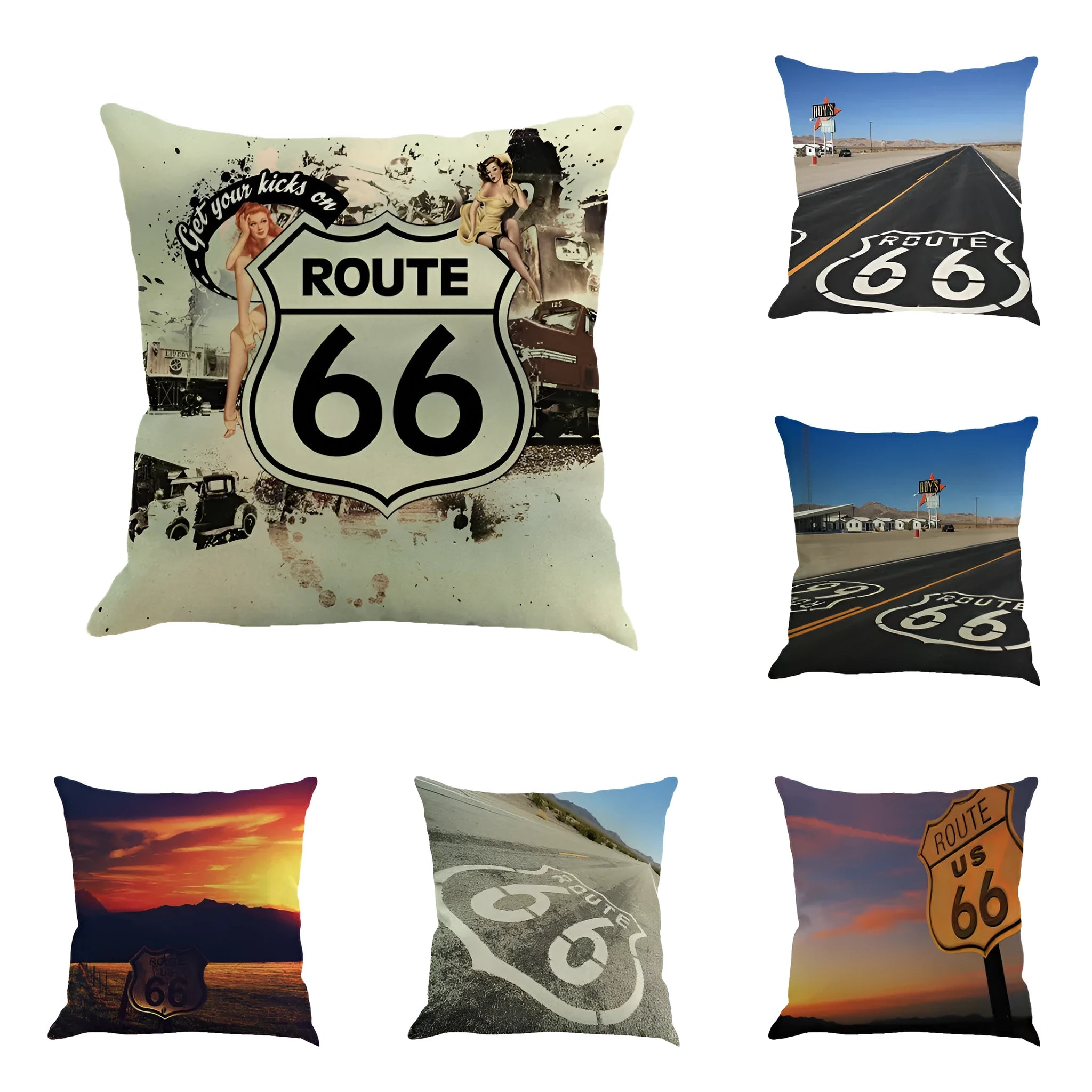 Square linen and cotton cushion cover with US Route 66 scenic landscape print, shown in one of six available colours.