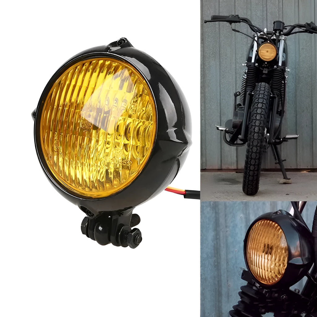 Black electroplated aluminium 12V 35W halogen headlight with an 8cm diameter.