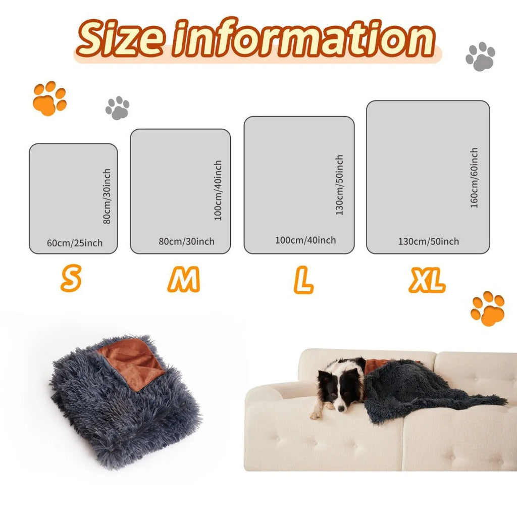 Grey velvet and plush pet blanket laid on a sofa, showing its soft texture and size.