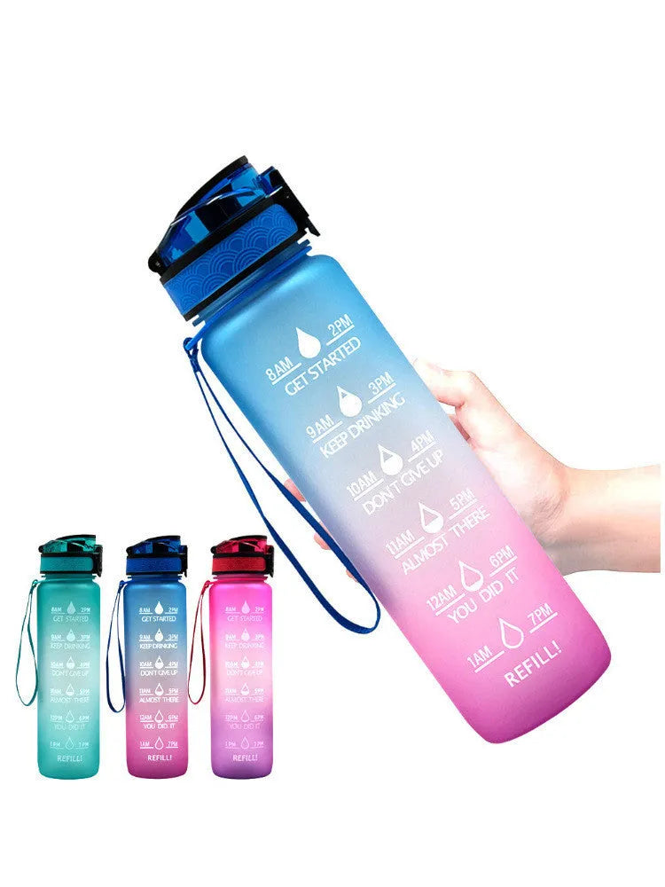 Transparent 1000ml sports water bottle with fruit infuser lid showing BPA-free Tritan plastic construction