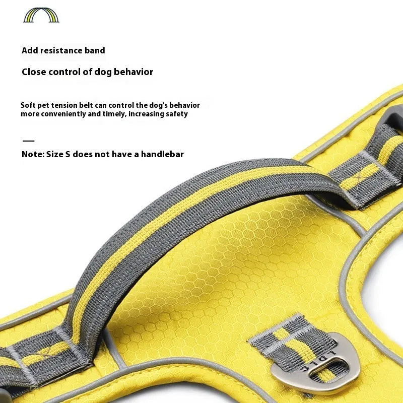 Nylon traction strap pet harness with reflective strips in army green, side view on white background