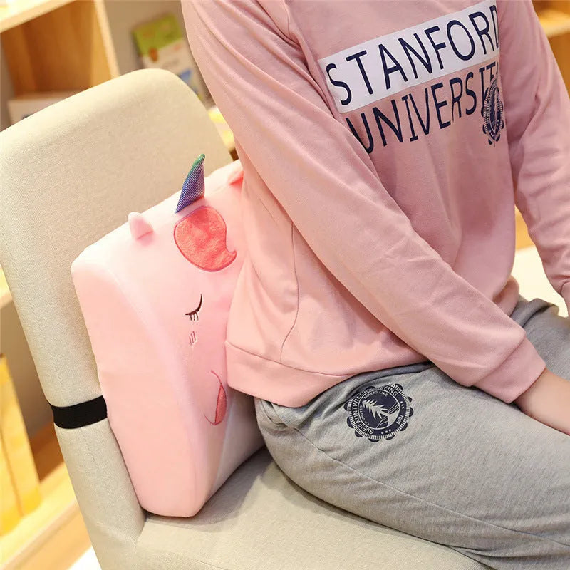 Cartoon memory foam lumbar support cushion with removable grey cat design cover on office chair