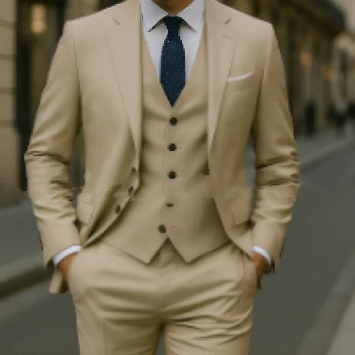 Men's champagne three-piece suit with vest, jacket, and trousers in slim-fit style on a hanger