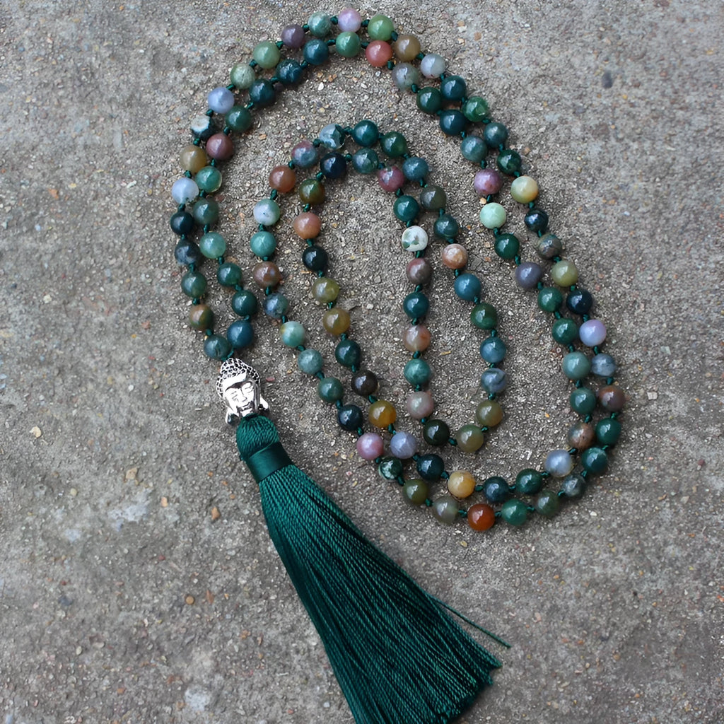 Indian agate 108-bead blessing necklace with 6mm geometric stones on a cord.