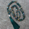Indian agate 108-bead blessing necklace with 6mm geometric stones on a cord.