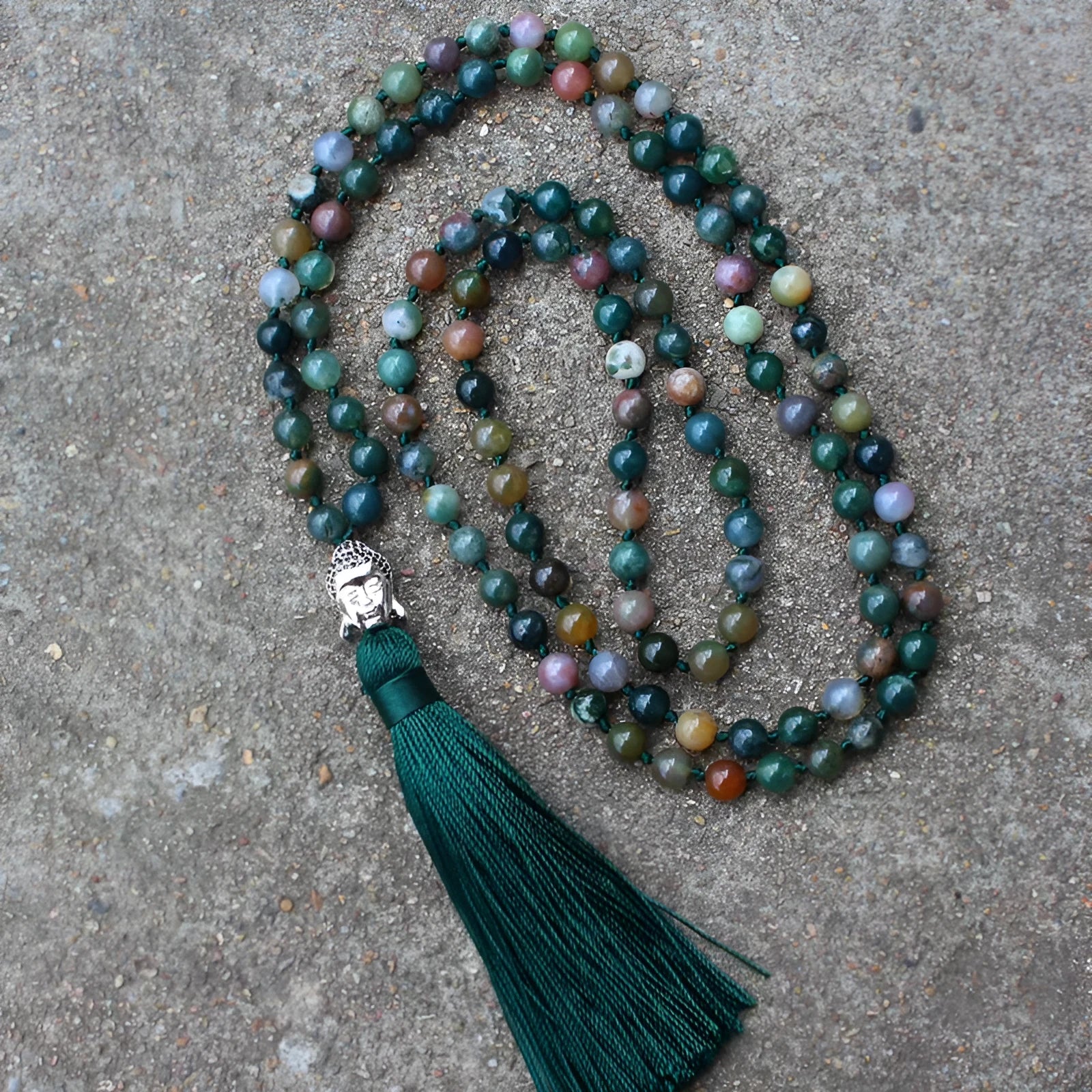 Indian agate 108-bead blessing necklace with 6mm geometric stones on a cord.