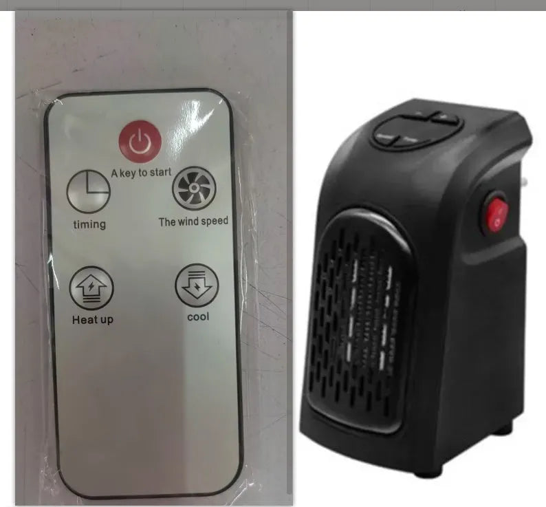 Small black ceramic fan heater with control buttons on top, showing plug and compact size.