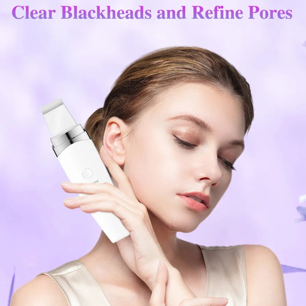 Ultrasonic peeling beauty instrument G77 white, 183.5 mm long, with stainless steel shovel head and USB charging cable