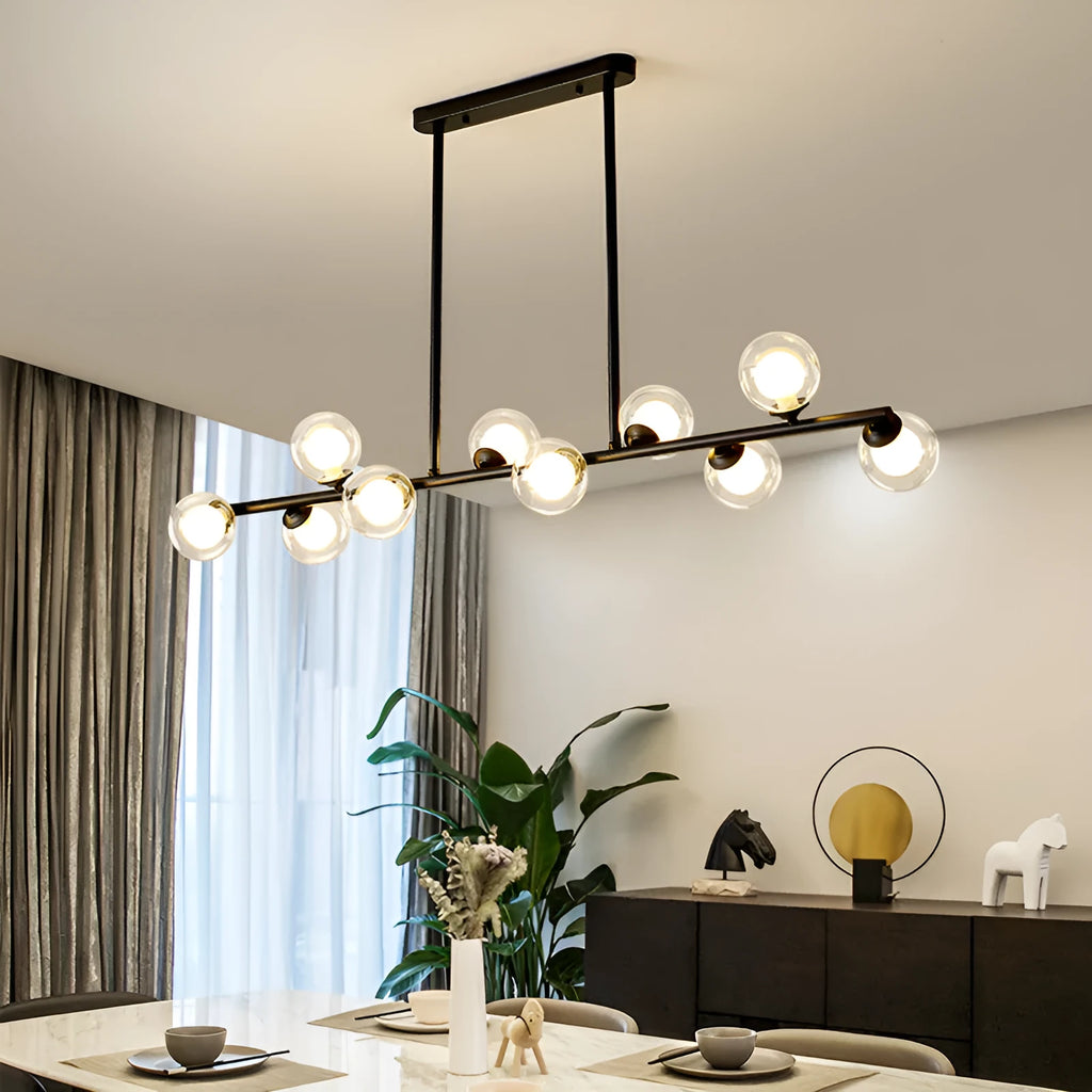 Modern minimalist glass bubble ball chandelier with 6 black arms and clear glass shades