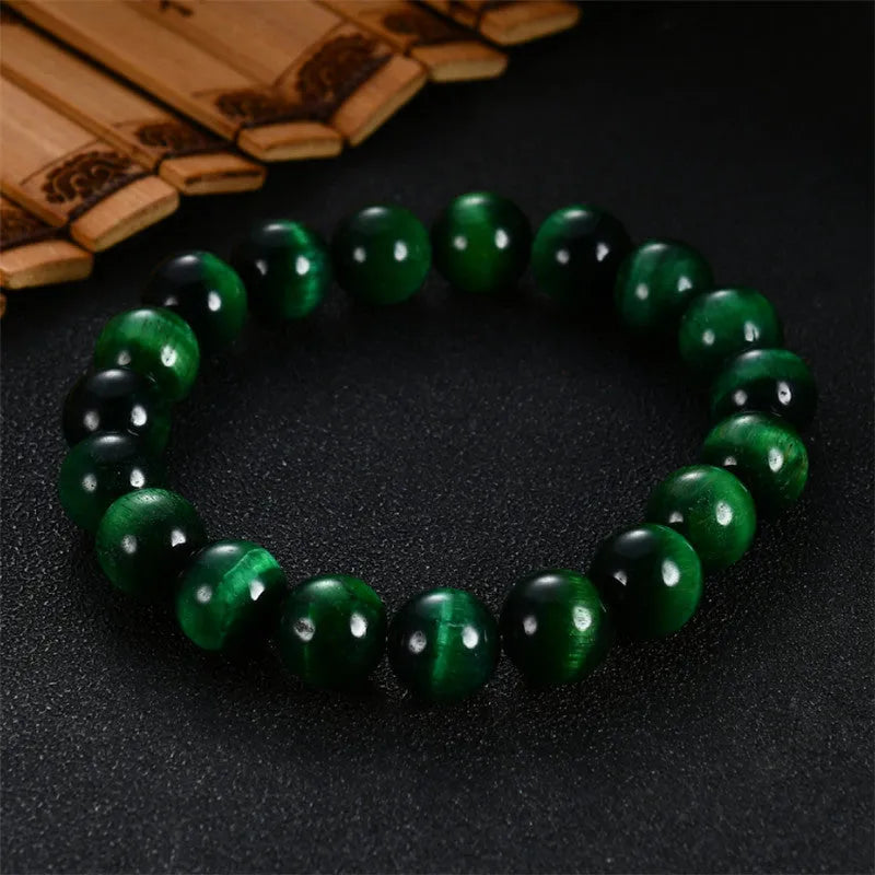 Natural green tiger eye stone bracelet with polished geometric beads
