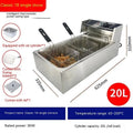 Stainless steel commercial deep fryer with large oil tank, lid, and two wire frying baskets
