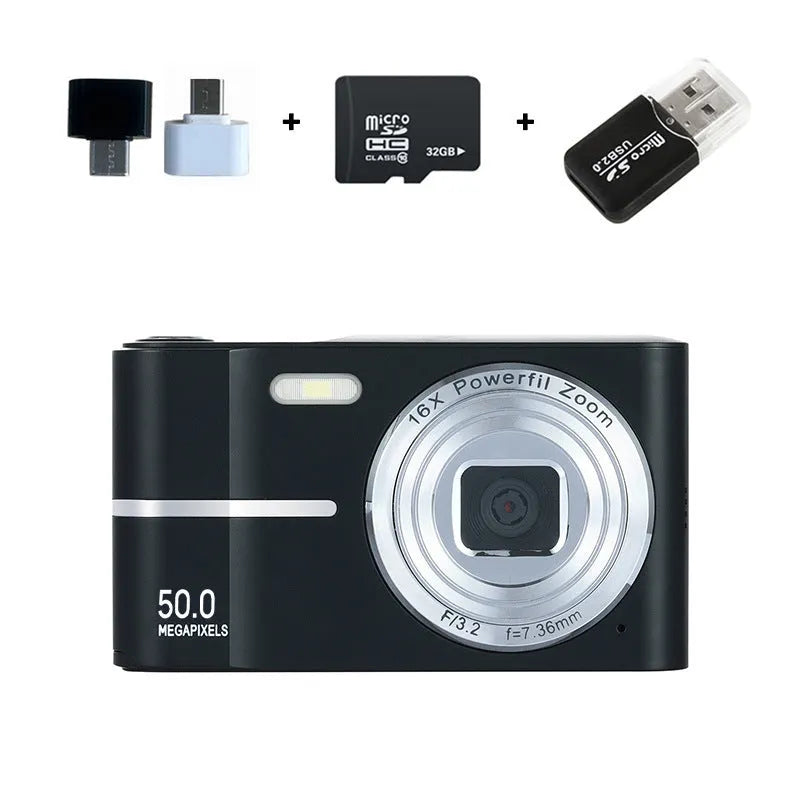 Compact HD 4K digital student camera in black, green, pink, or white with a lanyard and charging cable.