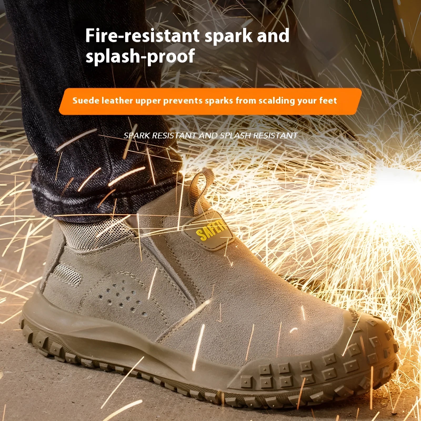 Mid-calf welding safety shoes in grey or khaki with steel cloth and suede leather construction for industrial protection