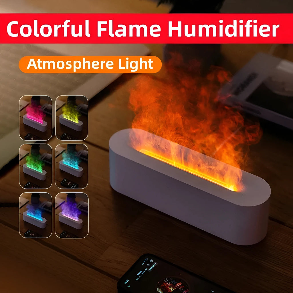 White square DQ709 flame aroma diffuser humidifier with glowing orange flame effect and water mist.