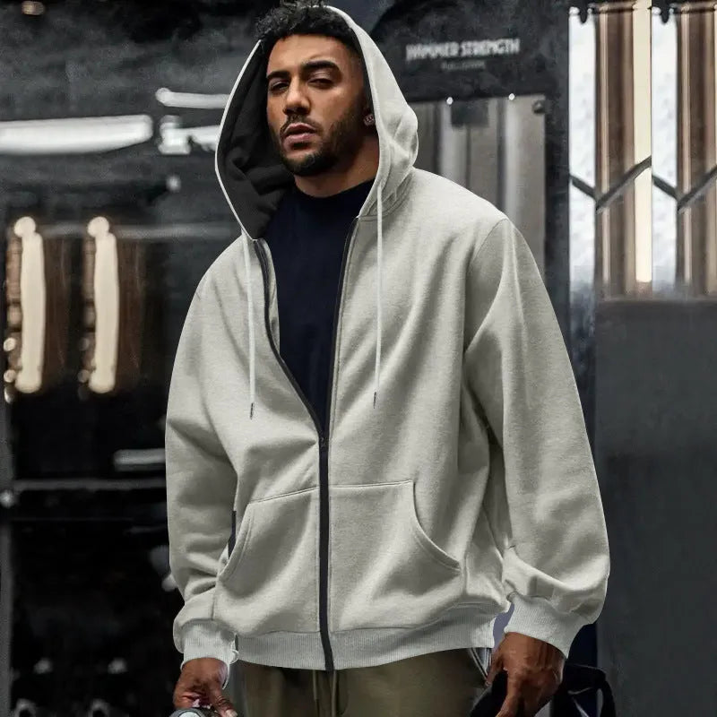 Men's fleece-lined loose drawstring hooded zip-up sweater in six colour options and sizes S to XXXL
