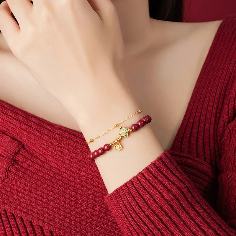 Sterling silver women's bracelet with geometric shape, ruyi, xiangyun and cinnabar flower design.