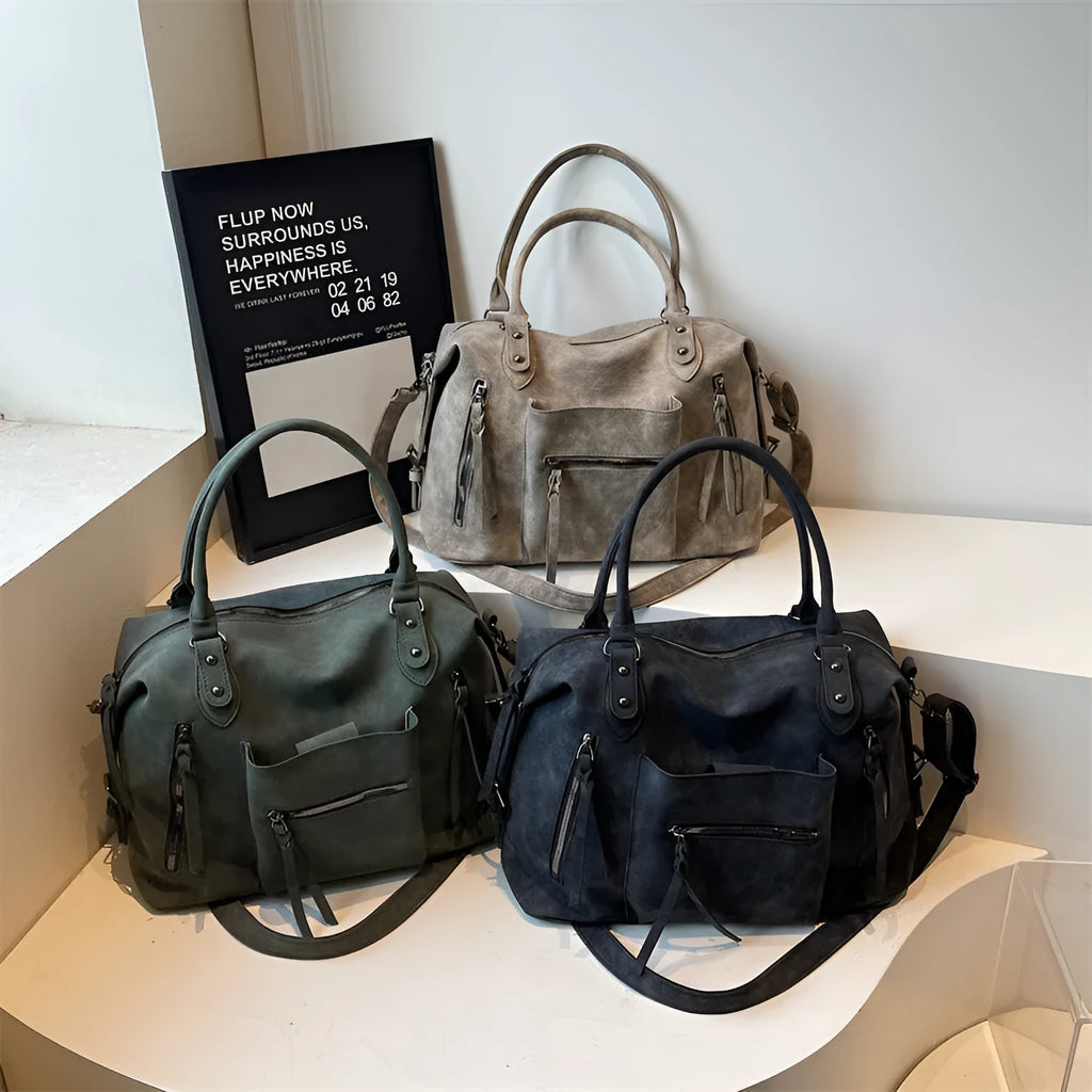 Retro textured women's large-capacity PU messenger bag in black with stitching detail, 36x25x13cm