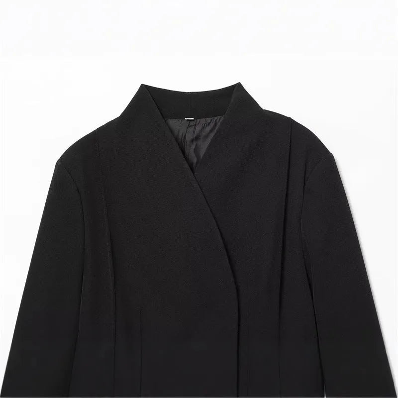 Women's black slim-fit long-sleeved suit jacket, polyester blend, solid colour, sizes XS to L