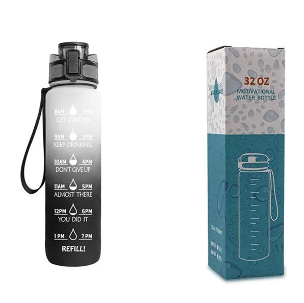 Blue and red gradient 1-litre Tritan sports water bottle with time markers, flip-top lid, and wrist strap.
