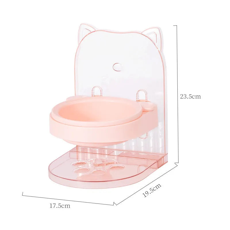 Grey adjustable height cat feeding bowl with anti-spill neck protection hanging on cage bars.
