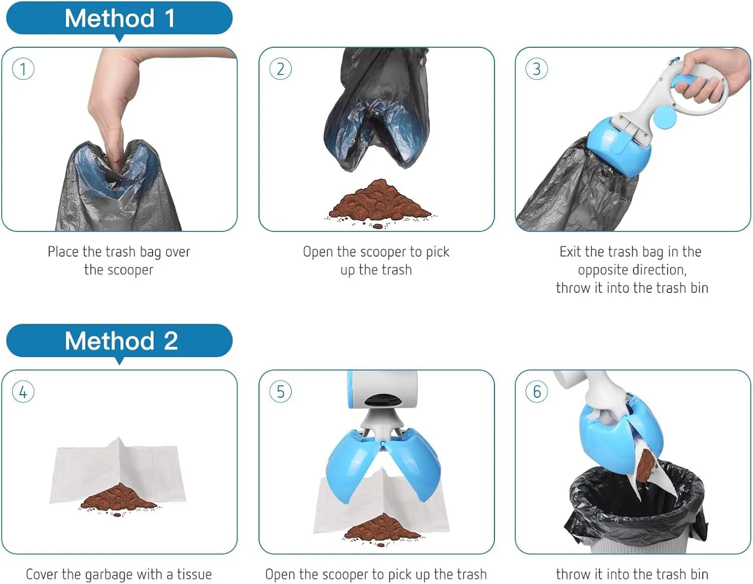 Black ABS plastic pet pooper scooper with built-in bag holder and top hanging hook.