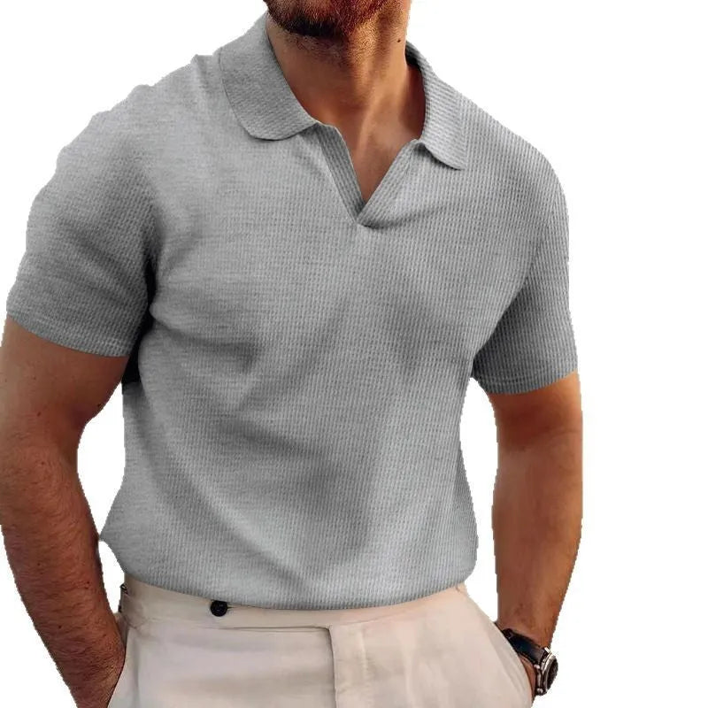 Men's slim fit summer T-shirt with waffle texture and lapels in black, grey, khaki, blue or white