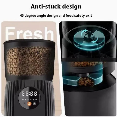 Black and white automatic pet feeder with digital display, food hopper, and USB cable.