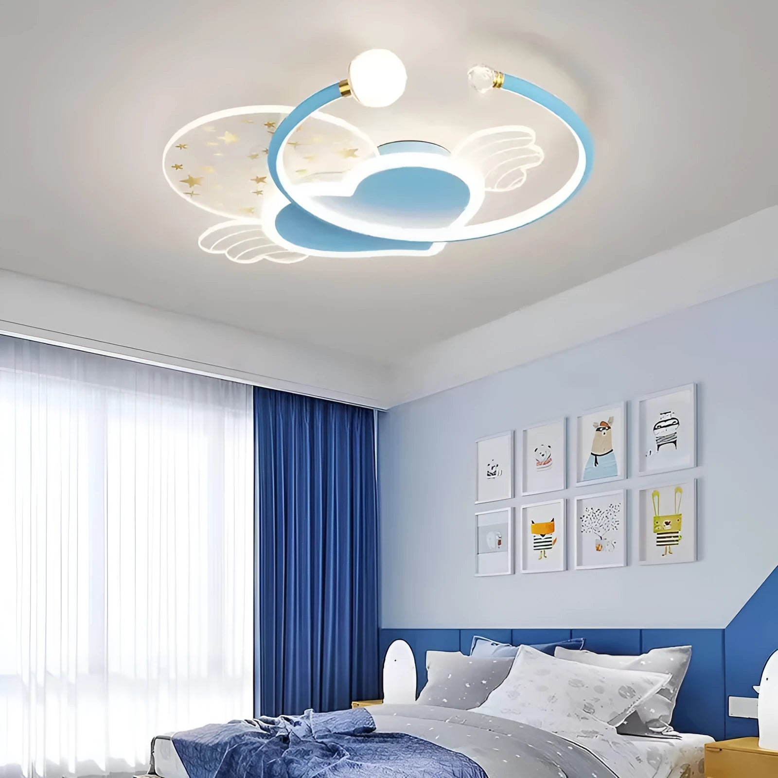 Children's room ceiling lamp with creative moon and cloud design in blue colour on a white ceiling.