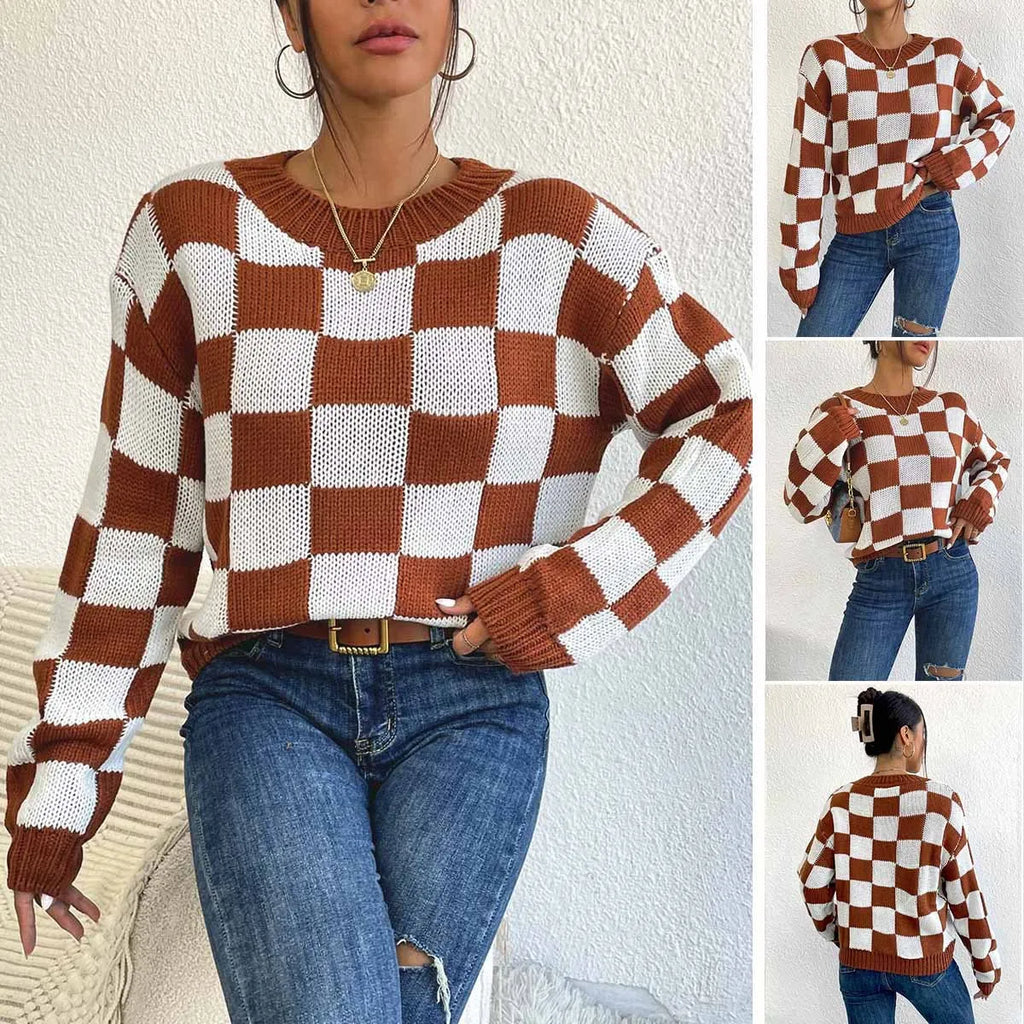 Dark brown loose fit acrylic pullover sweater with a chessboard plaid pattern and long sleeves.