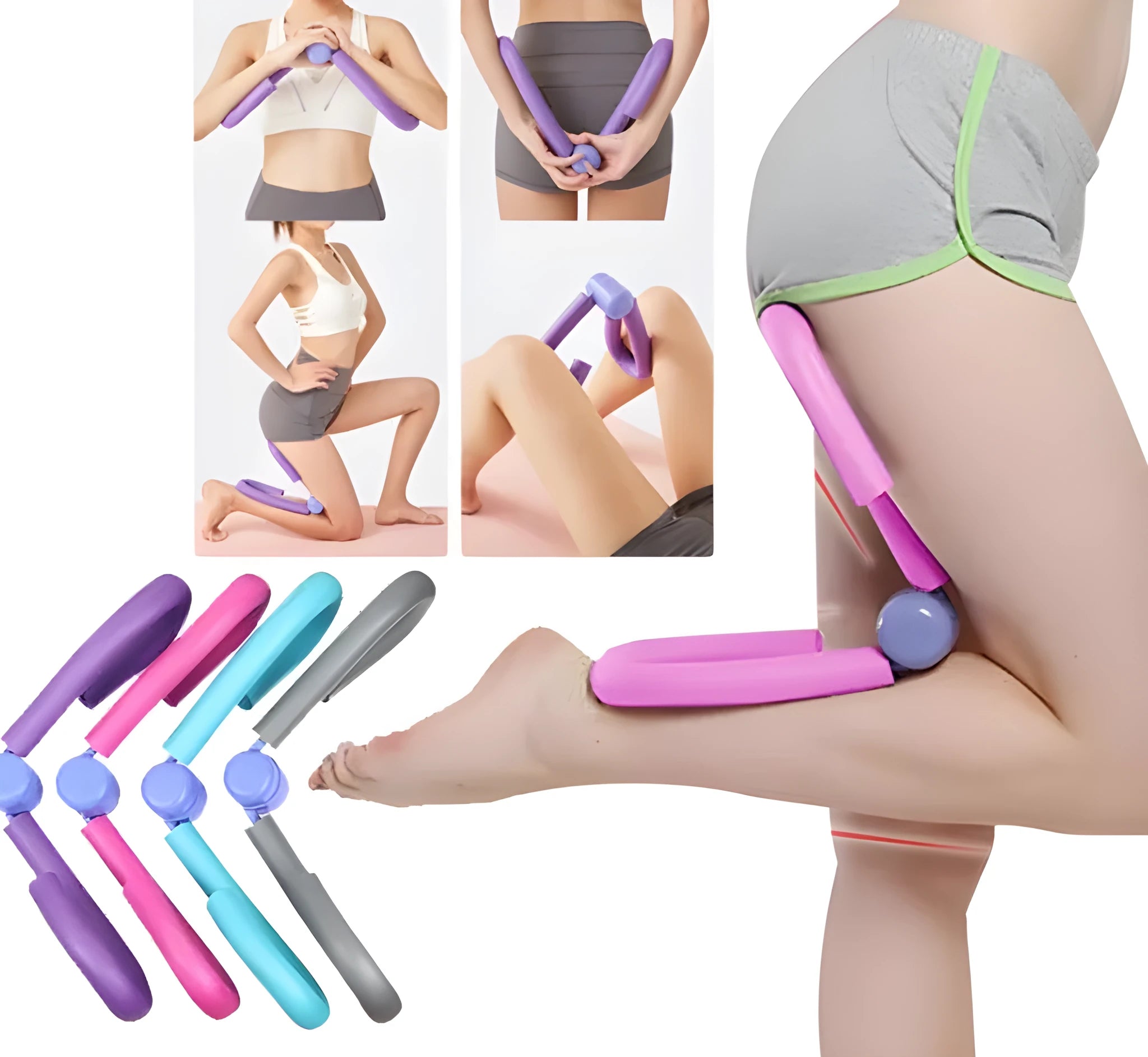 PVC leg exercise clip with steel spring and foam padding in pink, purple, blue, or grey.