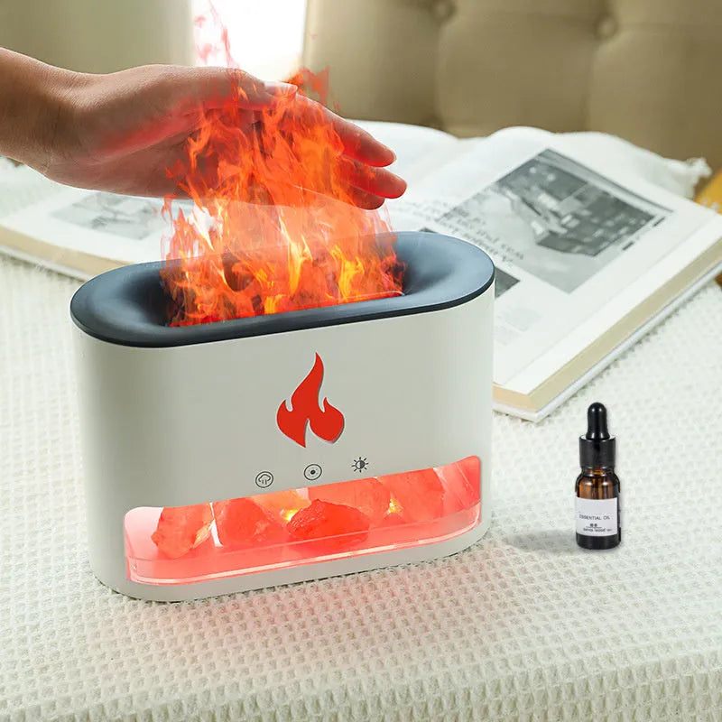 Square desktop flame humidifier with crystal salt stone and colourful atmosphere lighting