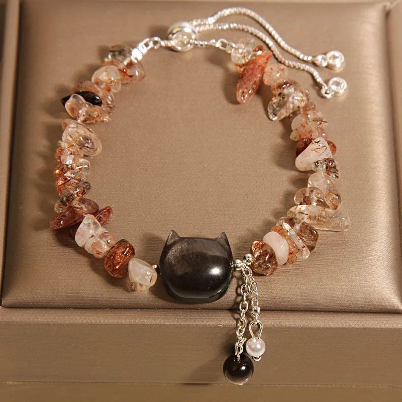 Crystal gravel kitten bracelet for women in pink crystal stone beads, light luxury style