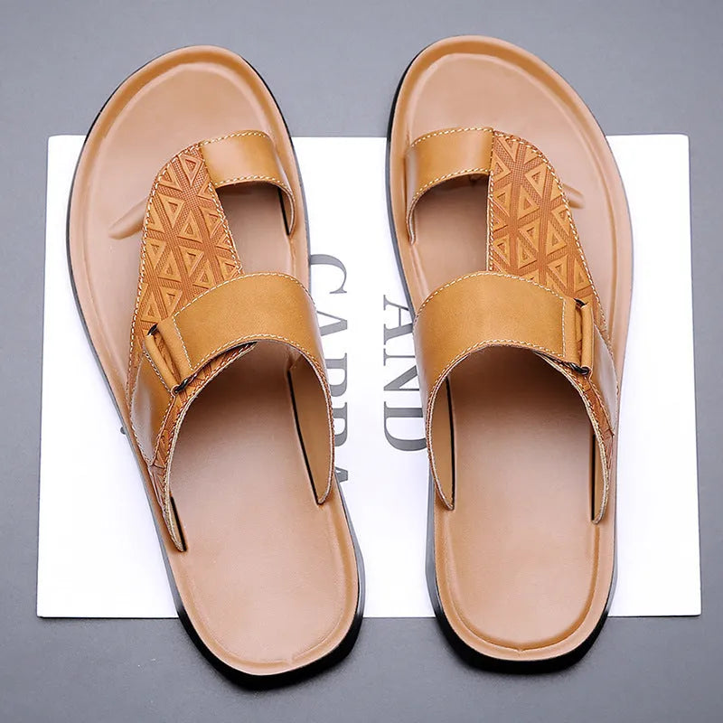 Men's simple beach slippers with cowhide uppers and rubber soles in light brown colour