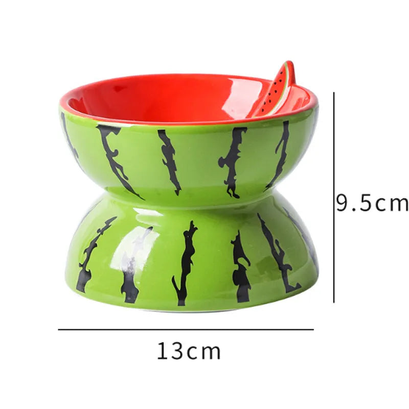 Ceramic raised cat feeding bowl with tilted design in orange colour pattern