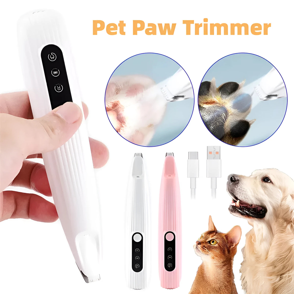 Pets Efficient LED shaving cat dog foot hair electric clipper in white with LED light on