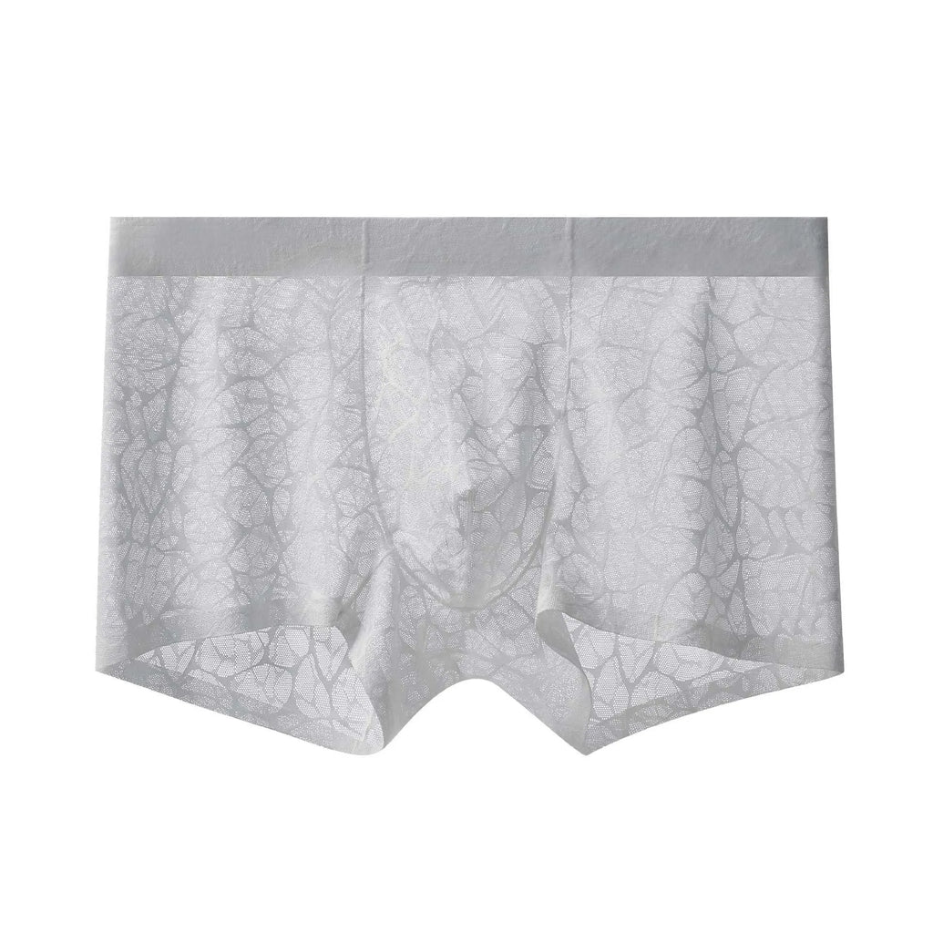 Men's leopard print jacquard boxer shorts in black, white, grey, green, and apricot colours, middle waist fit.