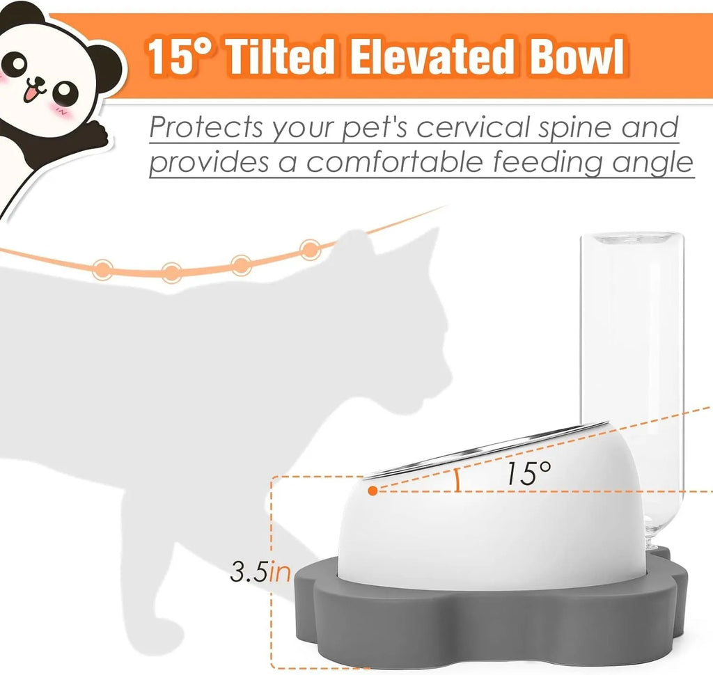 Grey panda-shaped tilted pet feeder with stainless steel bowls and a large automatic water bottle on a wide base.