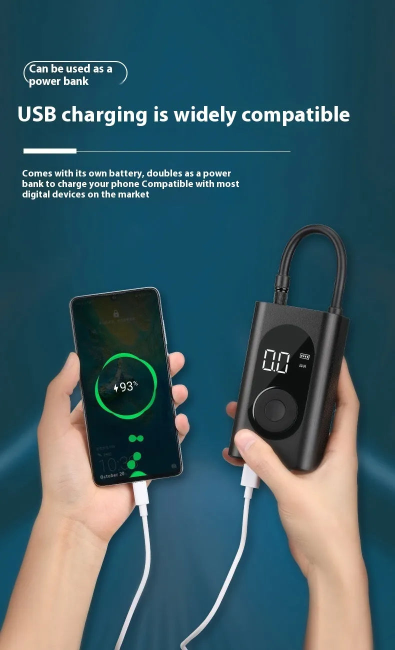 Portable wireless tyre pump with power bank and torch on a black background.