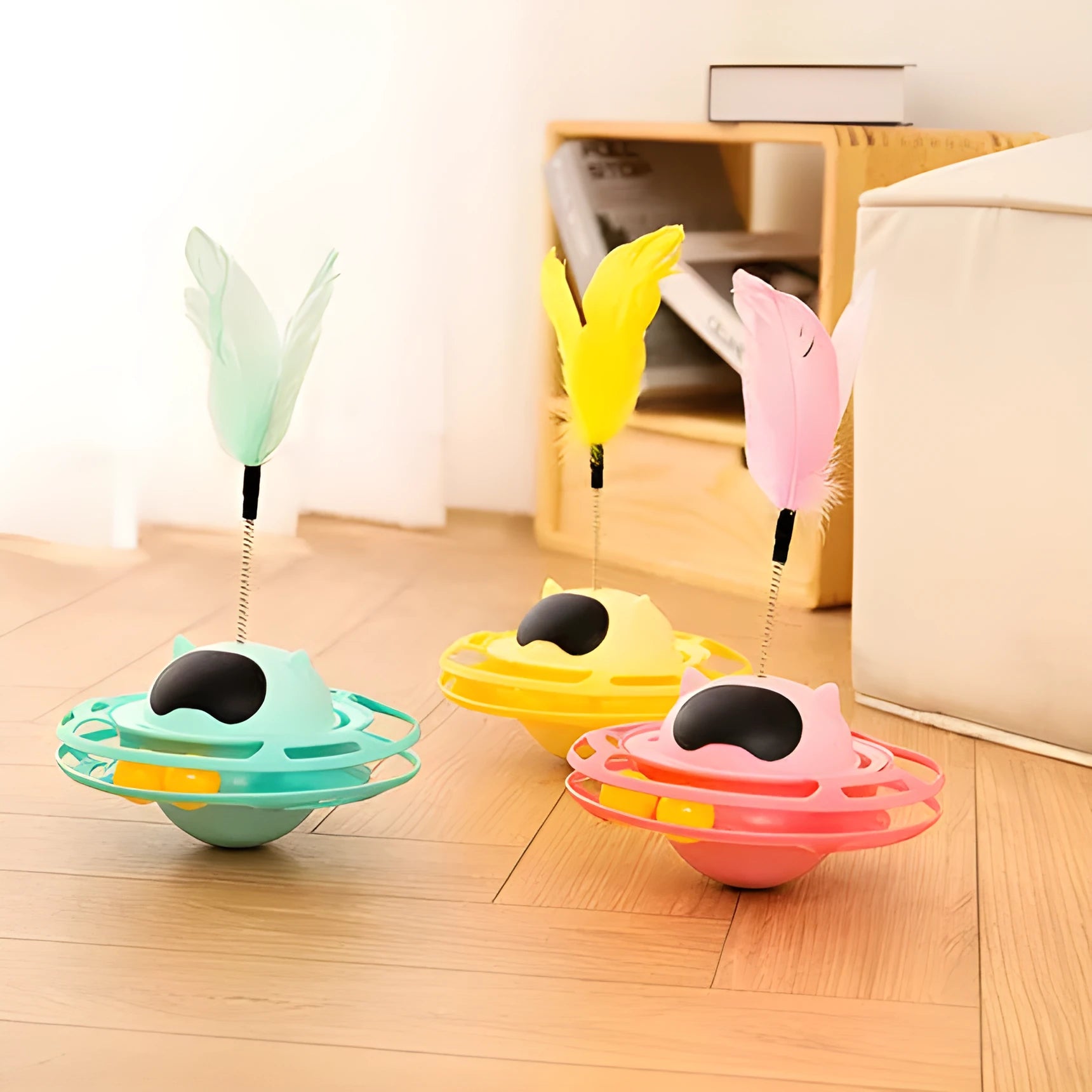 Pink cat tumbler turntable toy with stick attachment measuring 17cm by 10cm